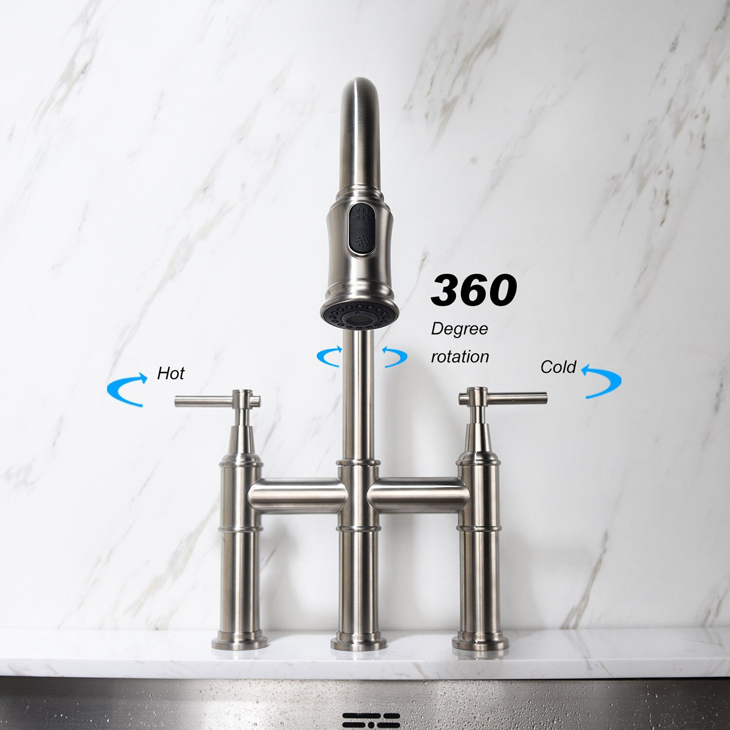  Torneira de cozinha Aquacubic Bridge com cabeça de spray pull-down resistente a impressões digitais sem manchas