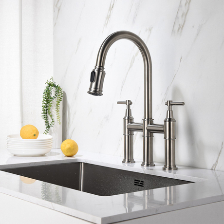  Torneira de cozinha Aquacubic Bridge com cabeça de spray pull-down resistente a impressões digitais sem manchas
