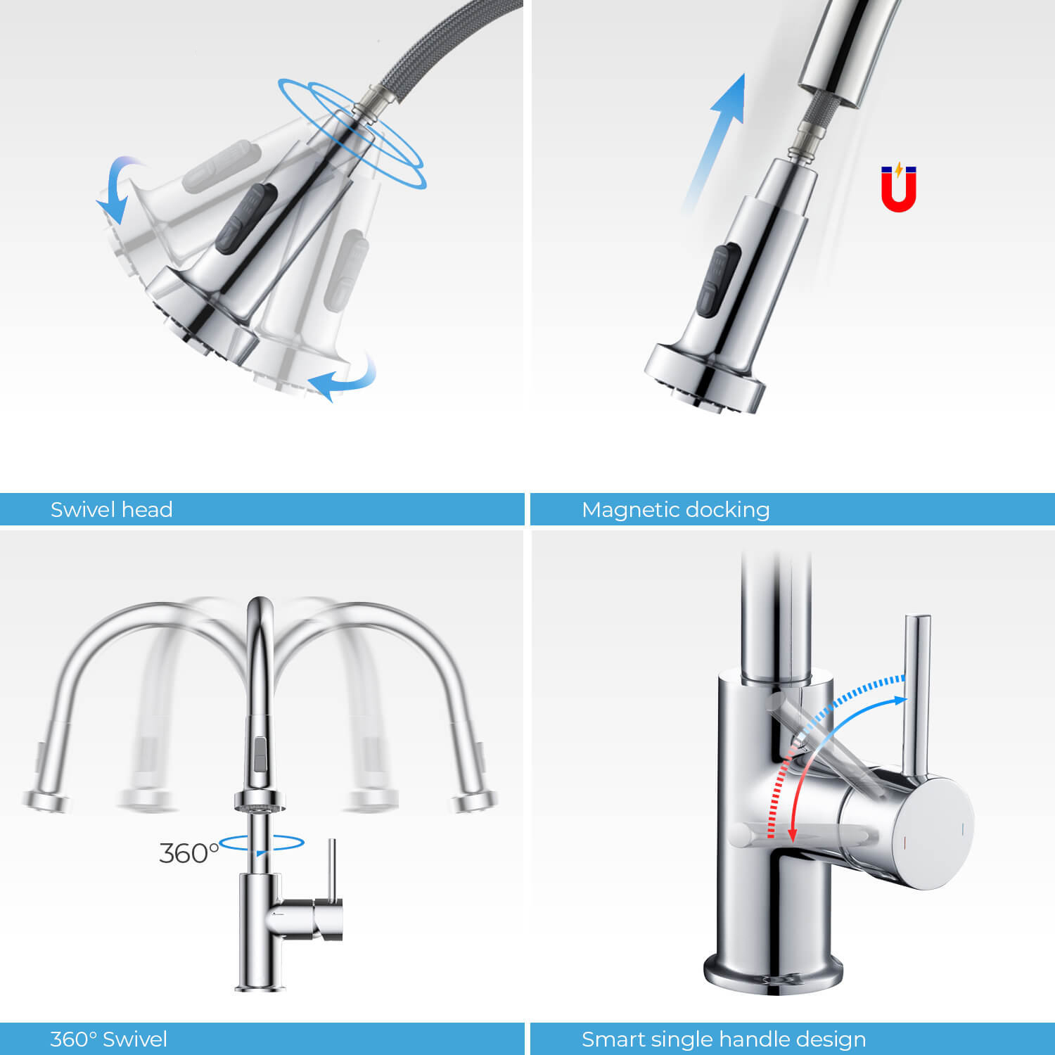 Torneira de cozinha suspensa Aquacubic cUPC exclusiva cromada polida com arejador economizador de água