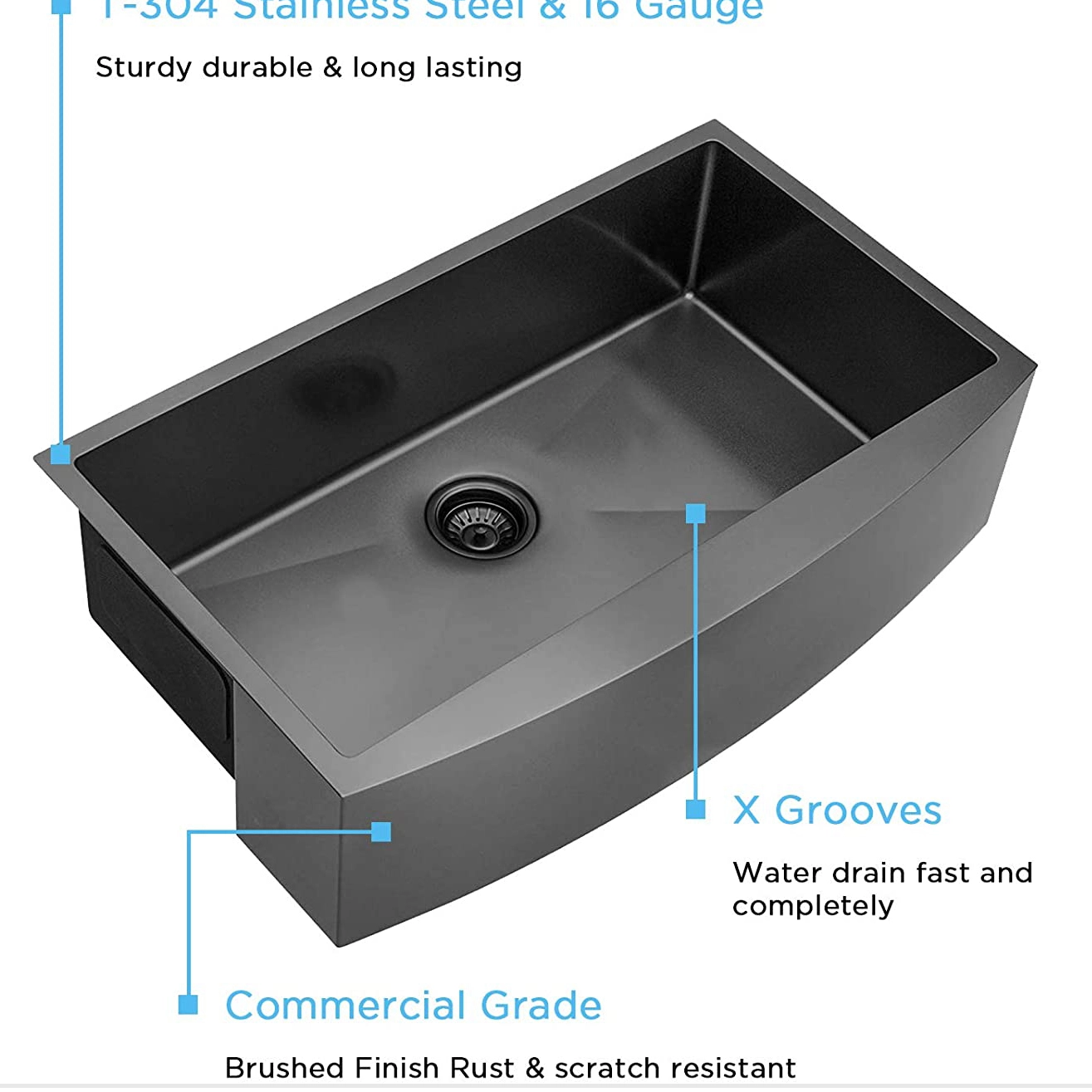 Pia de cozinha Aquacubic CUPC com certificação Gunmetal preta de tigela única para casa de fazenda