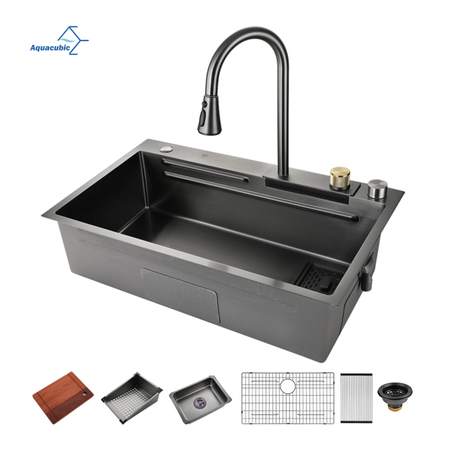 Aquacúbico preto de aço inoxidável única tigela drop-in inteligente pia da cozinha estação de trabalho de montagem superior com acessórios torneira