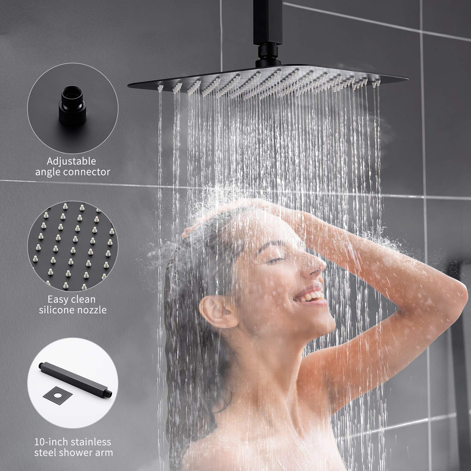 Sistema de chuveiro de chuva com montagem no teto preto fosco quadrado de 12 polegadas para banheiro com chuveiro de mão