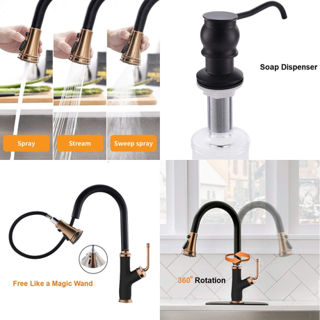 Aquacubic cUPC corpo de latão sólido sem chumbo ouro e preto pull down torneira de cozinha