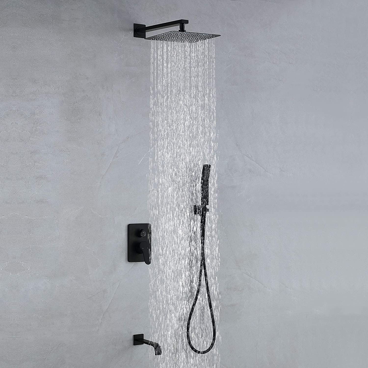 Aquacubic 12 Polegadas Quadrado Preto Fosco Montagem Na Parede Rain Shower Bath Shower Faucet Set com Banheira Bica