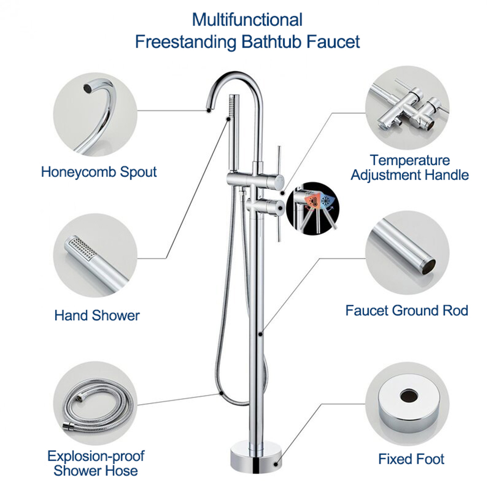 Torneira para banheira Aquacubic de alto fluxo para banheiro, quente e fria, autônoma, com chuveiro de mão