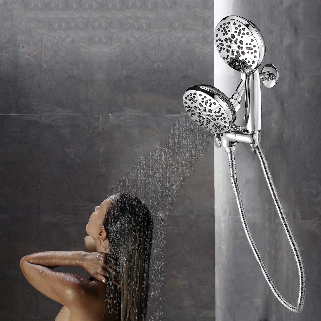 Alta pressão Chrome 7 funções Top Rainfall Rain Dual Shower Head Combo com chuveiro de mão