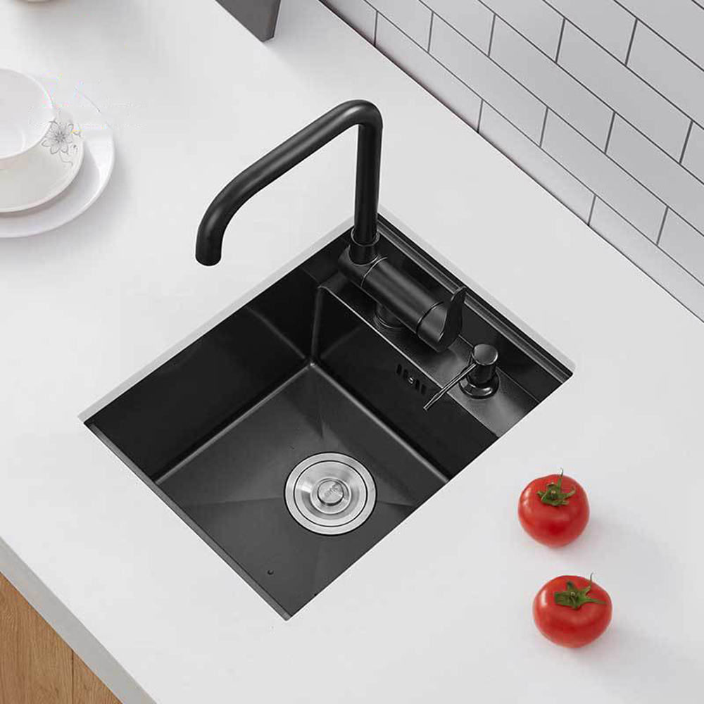 Pia de cozinha oculta em PVD preta com design moderno, barra única, tamanho pequeno, pia de varanda em aço inoxidável com torneira dobrável