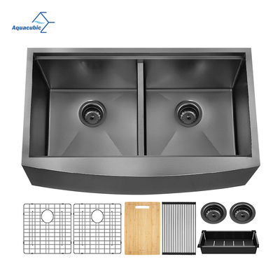 Avental de aço inoxidável 304 frontal feito à mão pia de cozinha de fábrica dupla tigela de metal preto cor preta