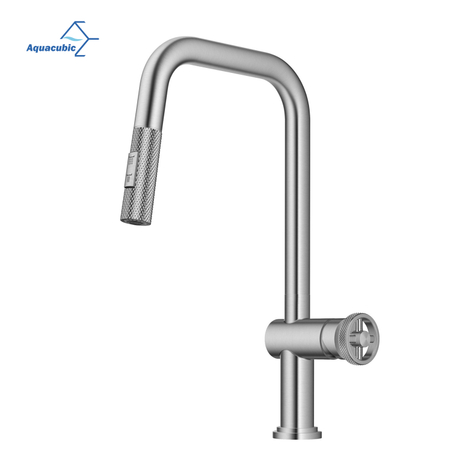 Torneira de cozinha tradicional industrial pull-down de níquel escovado e latão com alça única
