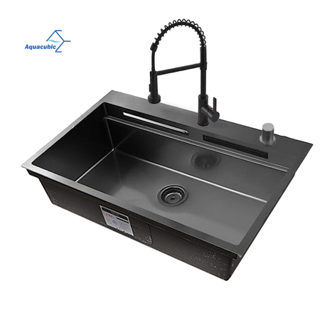Pia de cozinha Nano de aço inoxidável 304 artesanal moderna e luxuosa com torneira cascata multifuncional