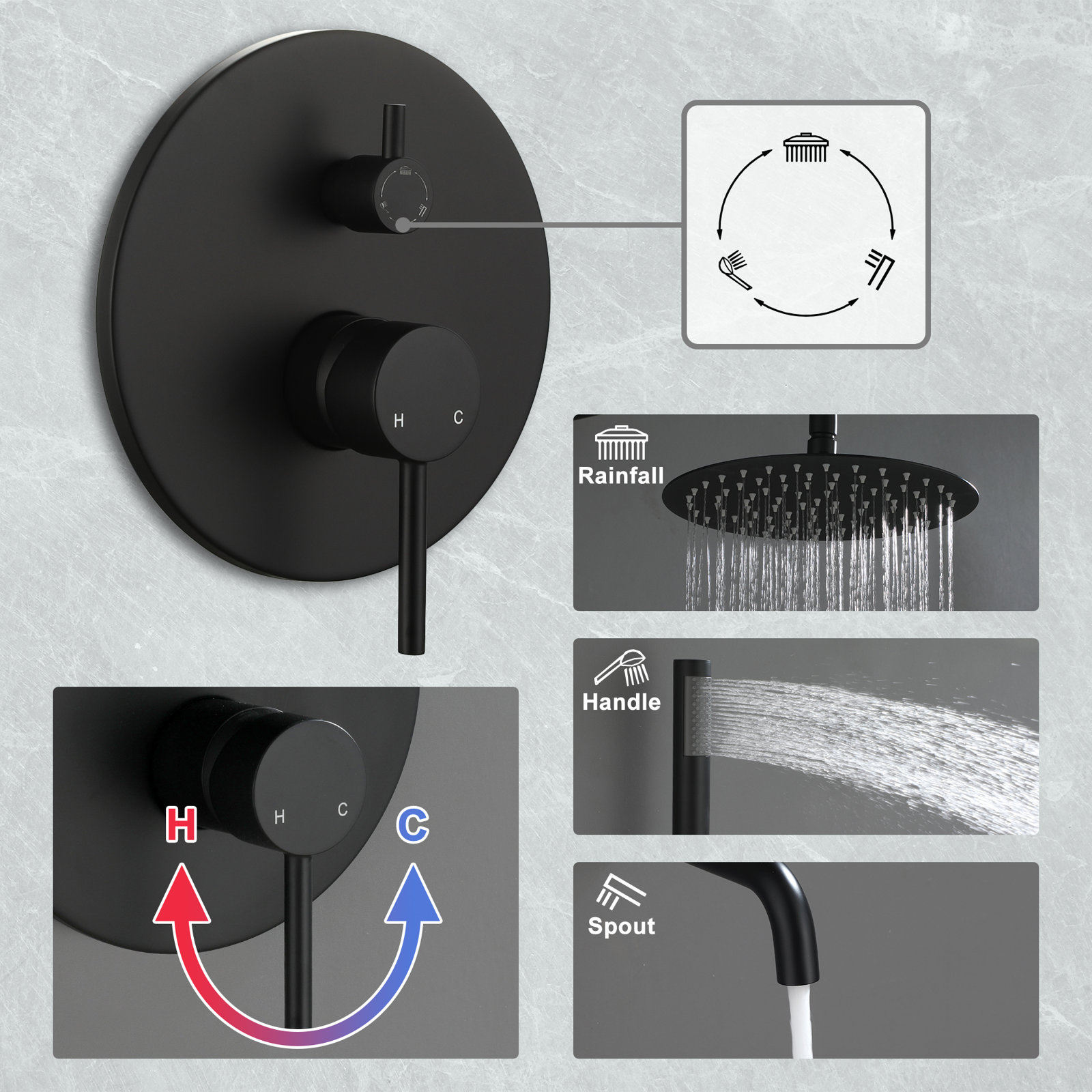 Sistema de chuveiro de torneira de chuveiro preto Aquacubic com chuveiro de mão