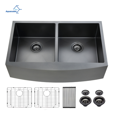 Pia de cozinha de fazenda 33x21 preta dividida 50/50 de aço inoxidável 304 de 9 polegadas de profundidade avental de bacia dupla frontal pia de fazenda para cozinha