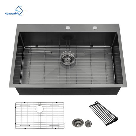 Pia de cozinha de 27 'x 22' com montagem superior em aço inoxidável preto fosco, pia de cozinha única com grade inferior, conjunto de filtro de drenagem