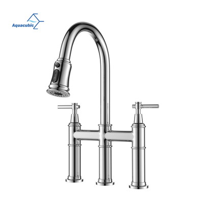 Torneira de cozinha de ponte de transição de três furos com duas alavancas aquacúbica com pulverizador pull down em cromo polido