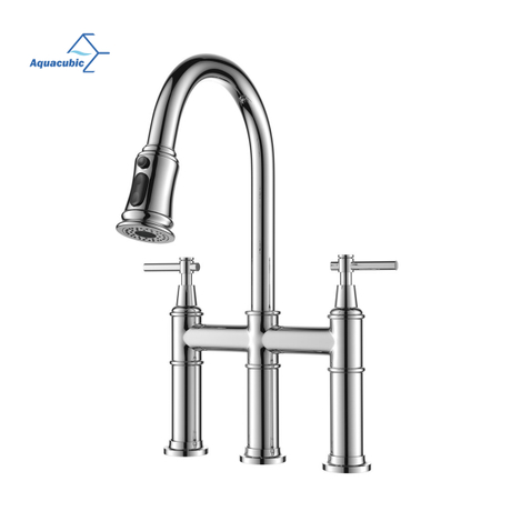 Torneira de cozinha de ponte de transição de três furos com duas alavancas aquacúbica com pulverizador pull down em cromo polido