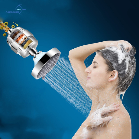 Cabeça de chuveiro e combinação de filtro de chuveiro de 15 estágios, alta pressão, 5 configurações de spray, chuveiro filtrado com filtro amaciante de água