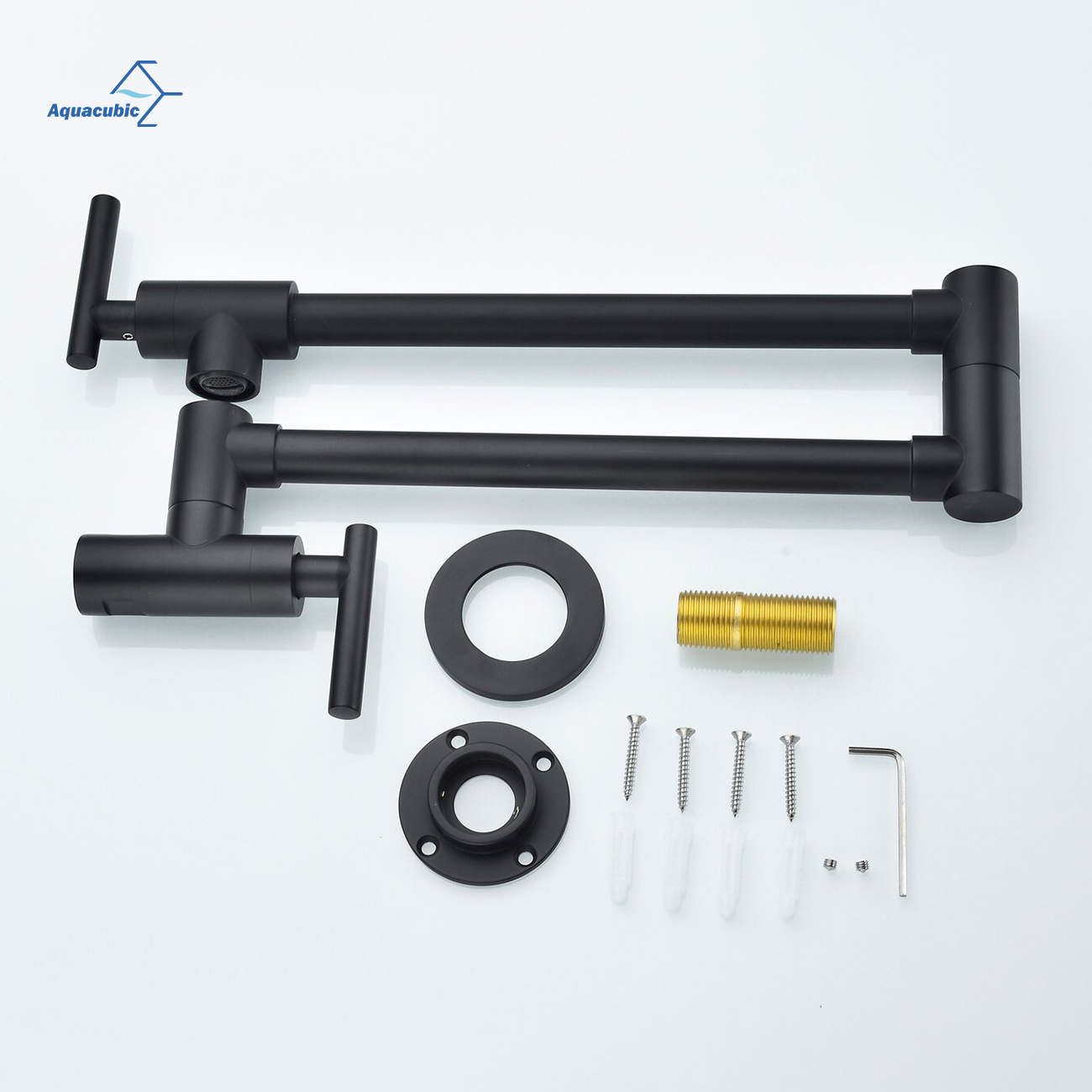 Torneira de enchimento de panela moderna preta, torneira de fogão de cozinha de montagem em parede, torneira de pia comercial de latão, braço dobrável oscilante, furo único de junta dupla esticável com duas alças