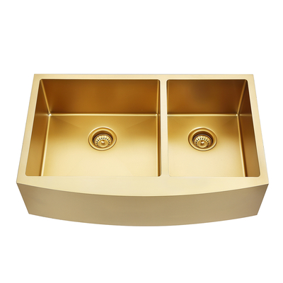Pia de cozinha artesanal de aço inoxidável dourado champanhe com avental frontal