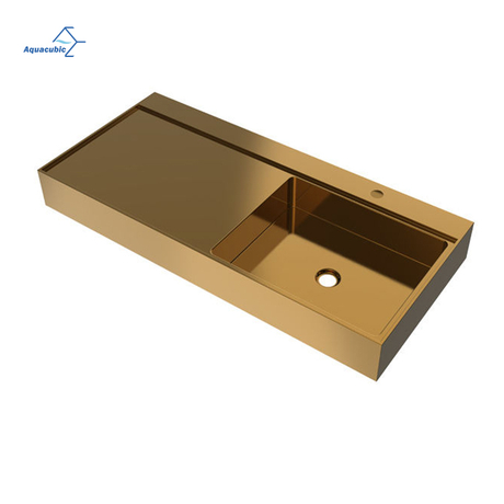 Pia de banheiro SS304 com design de luxo em ouro escovado para hotel, pia externa para lavagem de mãos