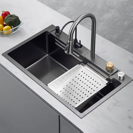 Pia de cozinha Nano Step 304 de aço inoxidável feito à mão acima da montagem em cascata torneira de cozinha de fazenda preto pias