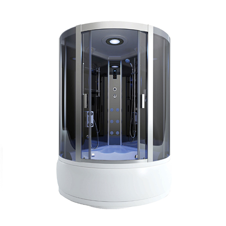Chuveiro a vapor de canto com portas deslizantes de vidro, jatos de massagem, ventilação, ventilador, iluminação
