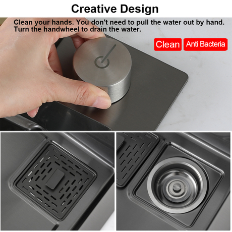 Aquacubic design 31 polegadas gunmetal preto 304 aço inoxidável feito à mão pia estação de trabalho de cozinha com faceta em cascata e acessórios