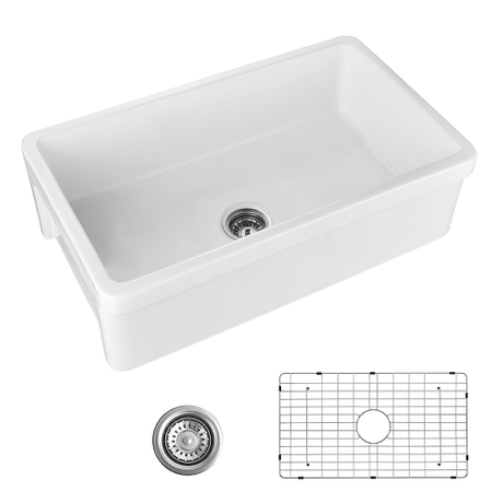 Pia de cozinha de cerâmica refratária reversível retangular de tigela única de design exclusivo de 30 x 20 polegadas com filtro e grade inferior protetora