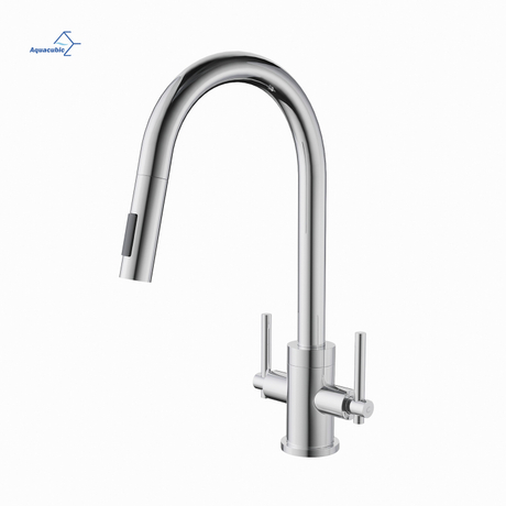 Aquacúbica torneira de água da cozinha latão água fria e quente medida dupla alça níquel escovado puxar para baixo torneira