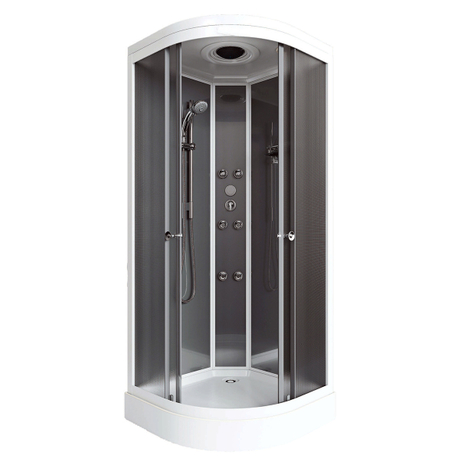 Chuveiro de canto com portas deslizantes de vidro e iluminação com jatos de massagem
