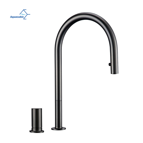 Fabricante chinês 304 ss torneira de cozinha dividida de boa qualidade furo duplo alça única pull down spray torneira de cozinha