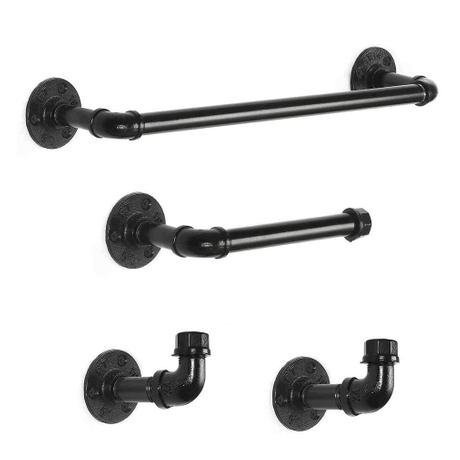Moderno chique galvanizado preto tubo industrial conjunto de acessórios de banheiro por decoração de tubo kit de 4 peças