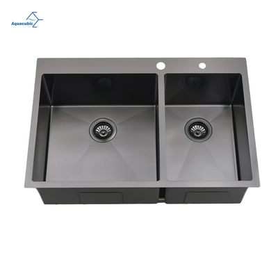 Aquacubic fabricante 304 de aço inoxidável feito à mão de montagem superior tigela dupla 60/40 pia de cozinha com furo para torneira