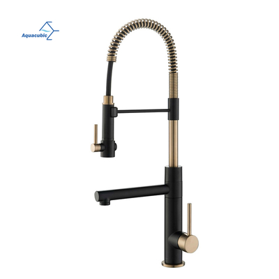 Aquacubic vender bem preto e dourado pull down pulverizador primavera torneira misturadora dupla cabeça de bronze torneira da cozinha com drinkng bico