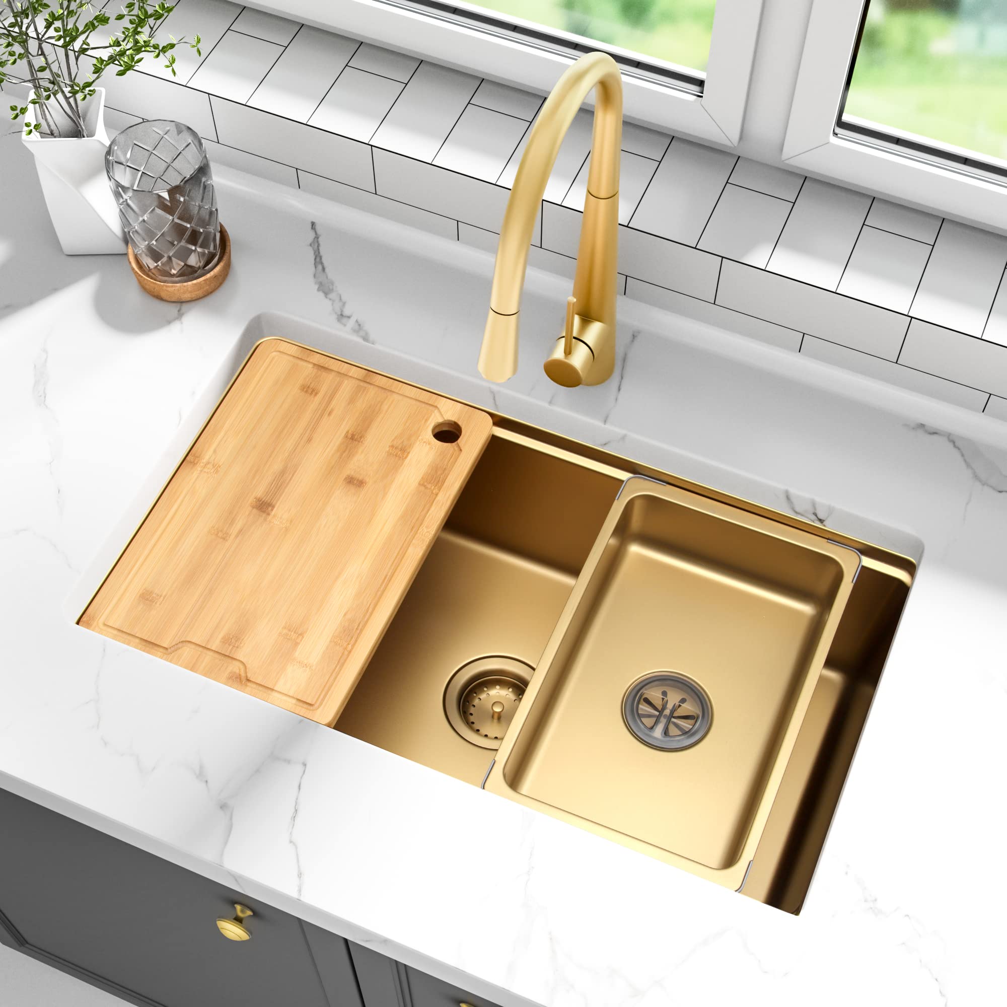 Aquacubic cupc luxo pvd nano ouro 304 aço inoxidável tigela única undermount pia de cozinha artesanal com borda