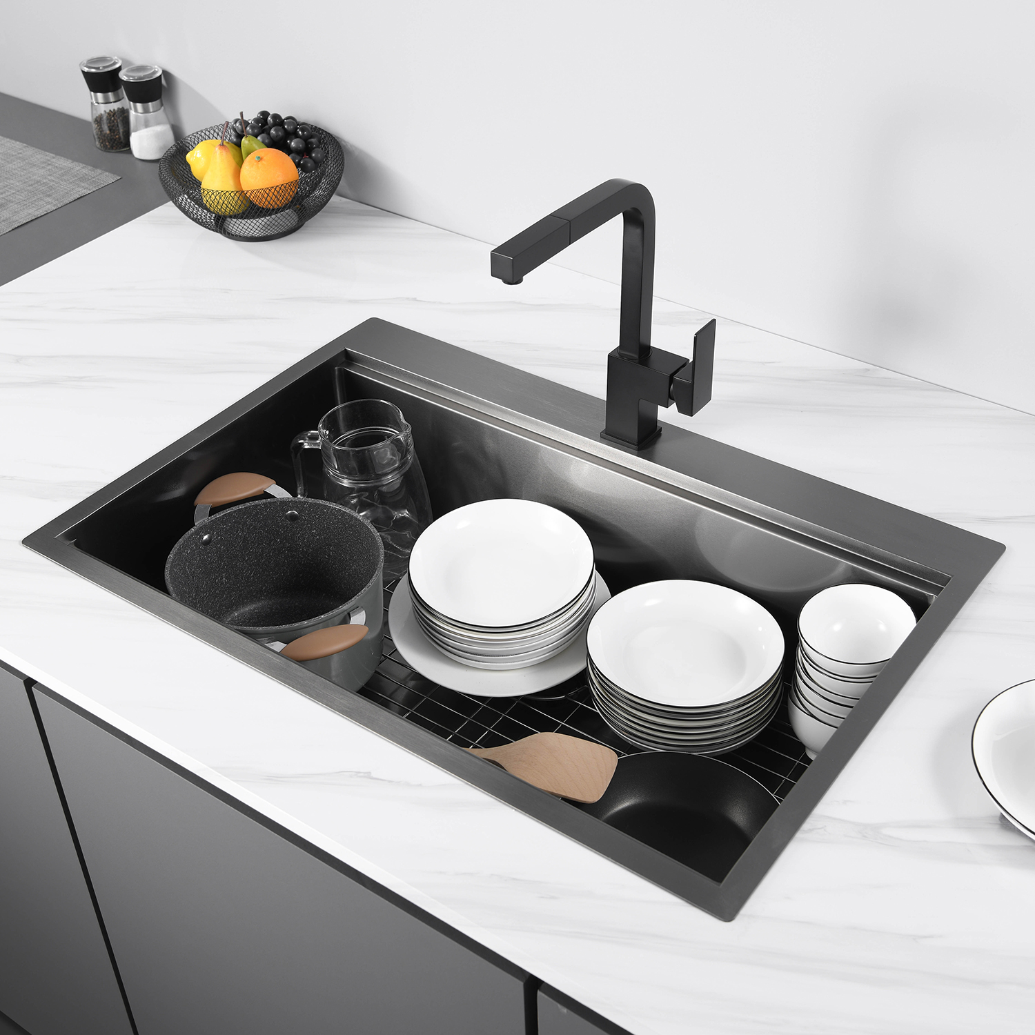 Atacado Gunmetal Black Drop In Workstation Sink Pia de cozinha drop-in de aço inoxidável 304 com acessórios