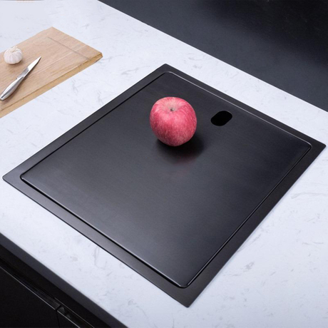 Pia escondida preta 304 de aço inoxidável artesanal, pia de cozinha escondida com tampa articulada inteligente, torneira de elevação