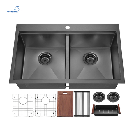 Aquacubic 33*22 Polegada Gunmetal Preto 304 Aço Inoxidável Tigela Dupla Topmount Pia de Cozinha com Rebordo e Acessórios