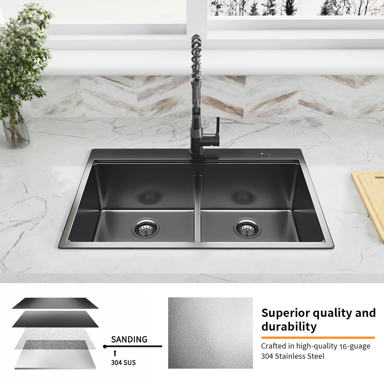 Aquacubic 33*22 Polegada Gunmetal Preto 304 Aço Inoxidável Tigela Dupla Topmount Pia de Cozinha com Rebordo e Acessórios