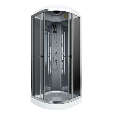 Chuveiro de canto com portas deslizantes de vidro e iluminação com jatos de massagem