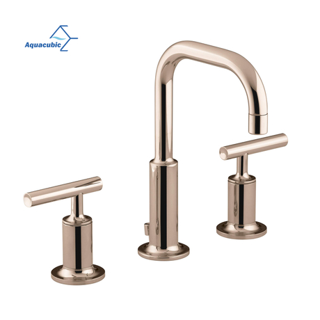 Torneira de banheiro ampla Aquacubic ouro rosa com 2 alças para pia de 3 furos