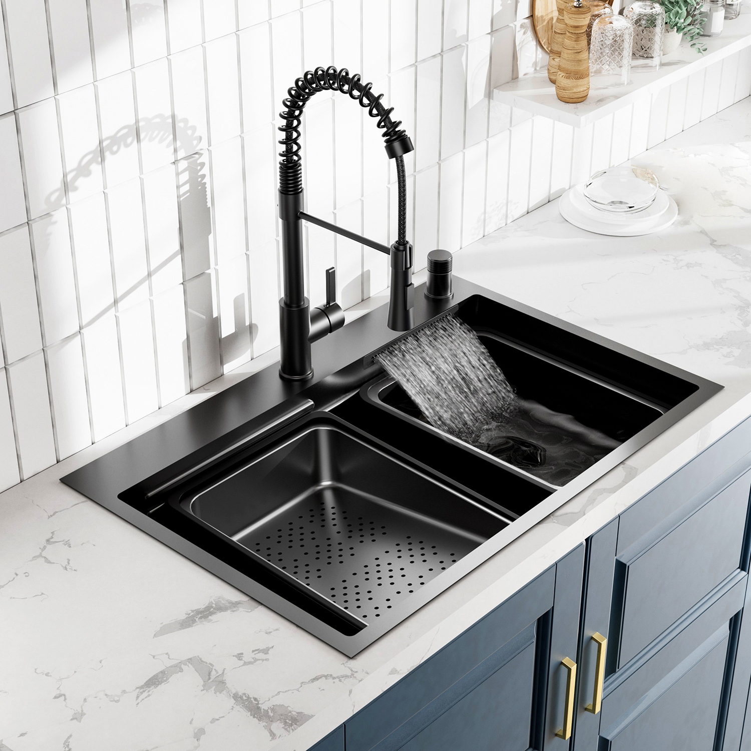 Luxo gunmetal preto pias de lavagem torneira cachoeira venda quente 304 aço inoxidável multi-funções pia da cozinha com acessórios torneira