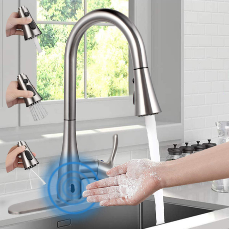 Aquacubic cUPC sensor infravermelho torneiras de pia de cozinha misturador primavera torneiras sensor com pulverizador pull down