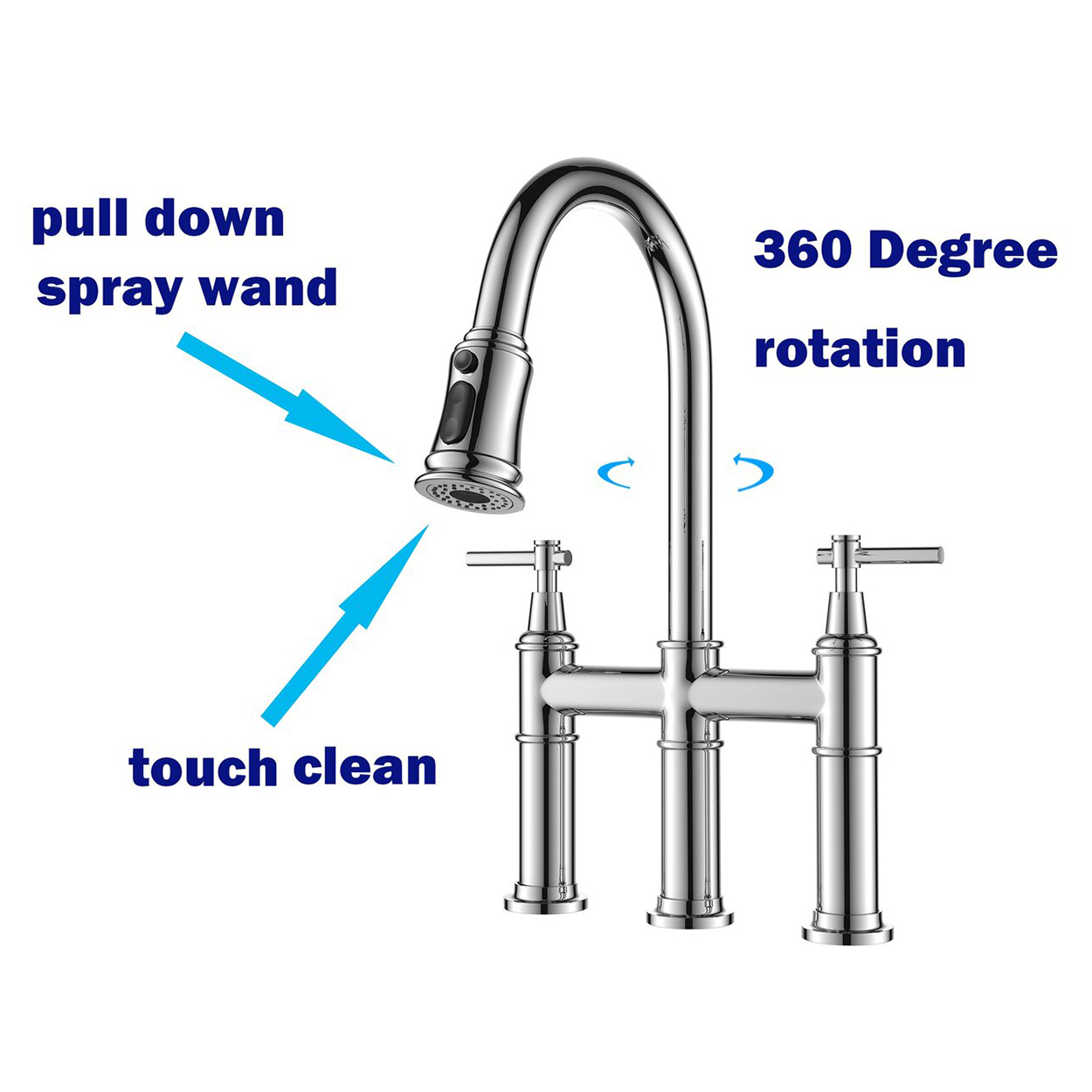 Torneira de cozinha de ponte de transição de três furos com duas alavancas aquacúbica com pulverizador pull down em cromo polido