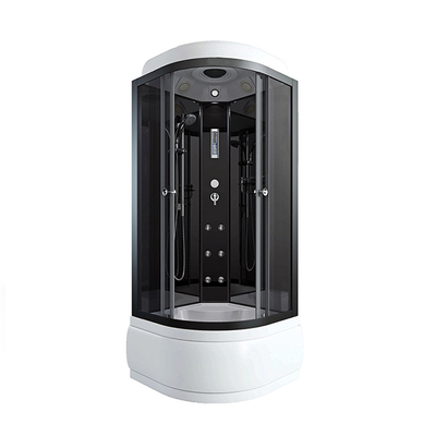 Cabine de chuveiro de canto com portas deslizantes de vidro, jatos de massagem, ventilação, ventilador, iluminação