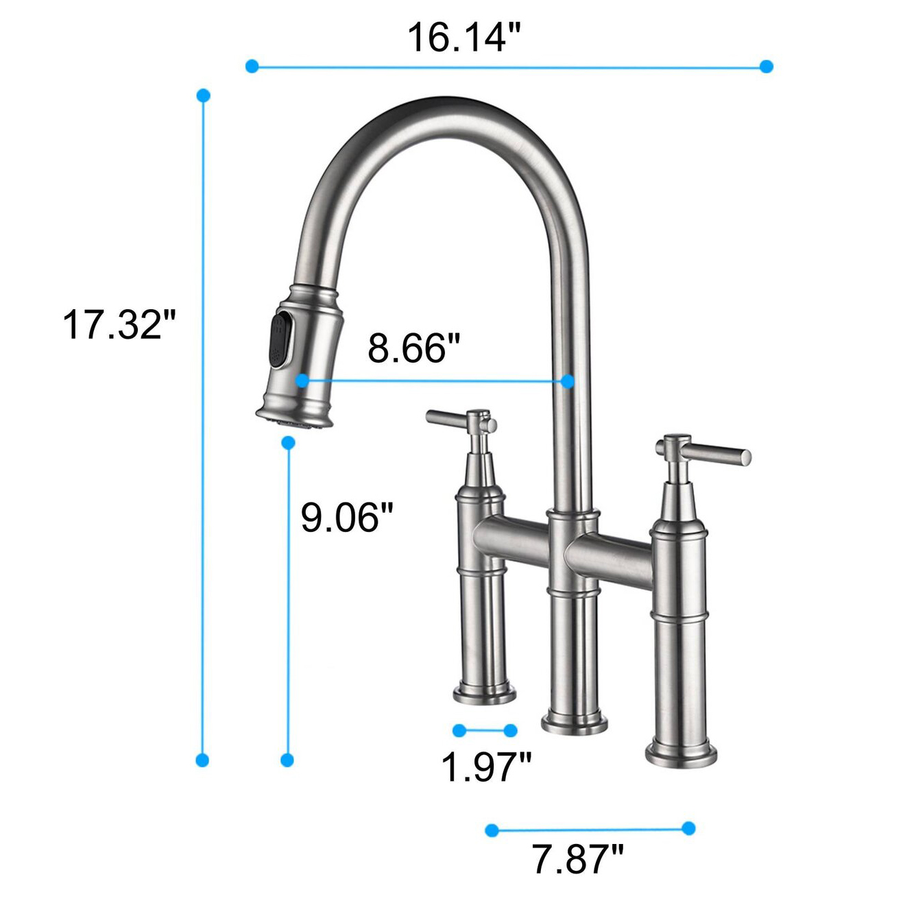 Torneira de cozinha de ponte de transição de três furos com duas alavancas aquacúbica com pulverizador pull down em cromo polido