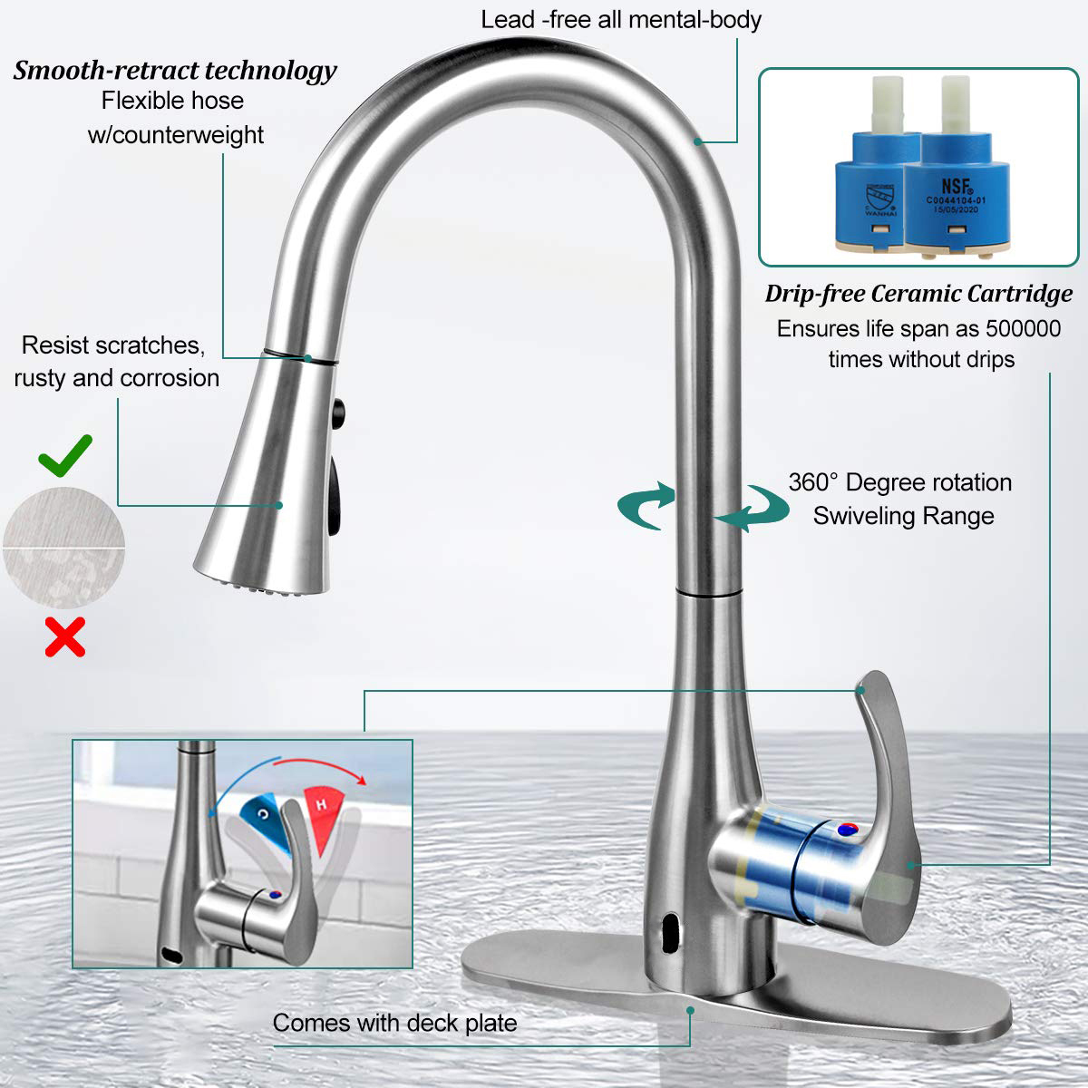 Torneira de cozinha removível com sensor automático moderno sanitário Aquacubic cUPC