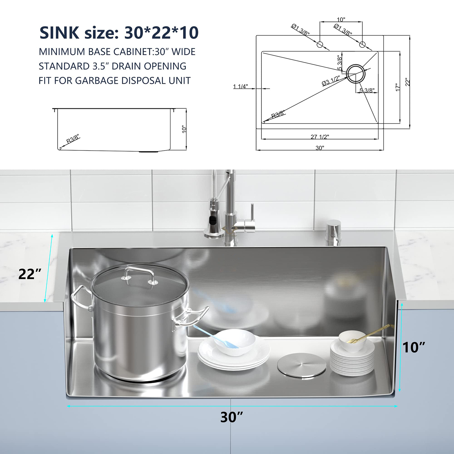 Fábrica na China Aquacubic 304 em aço inoxidável feito à mão pia de cozinha de montagem superior de 30 polegadas com tamanho personalizado