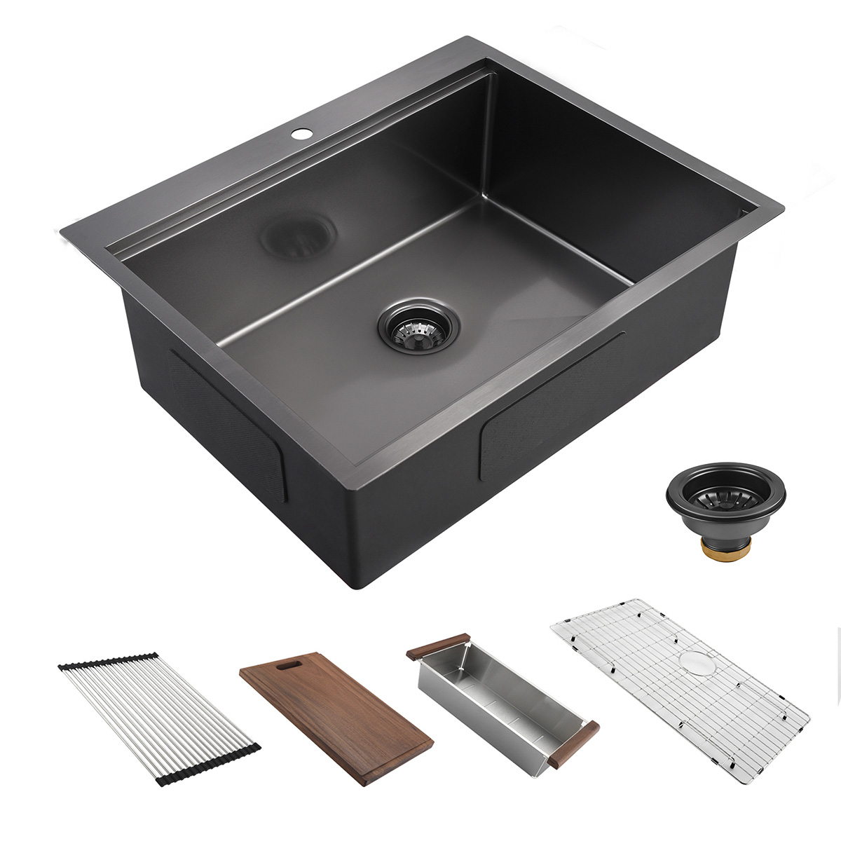 Pia de cozinha de aço inoxidável feita à mão topmount drop in UPC Gunmetal Black Nano com borda